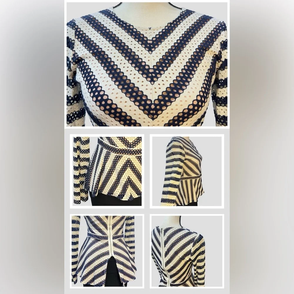 BCBMAXAZRIA Franseen Lace Stripe Peplum Top. - Picture 2 of 4